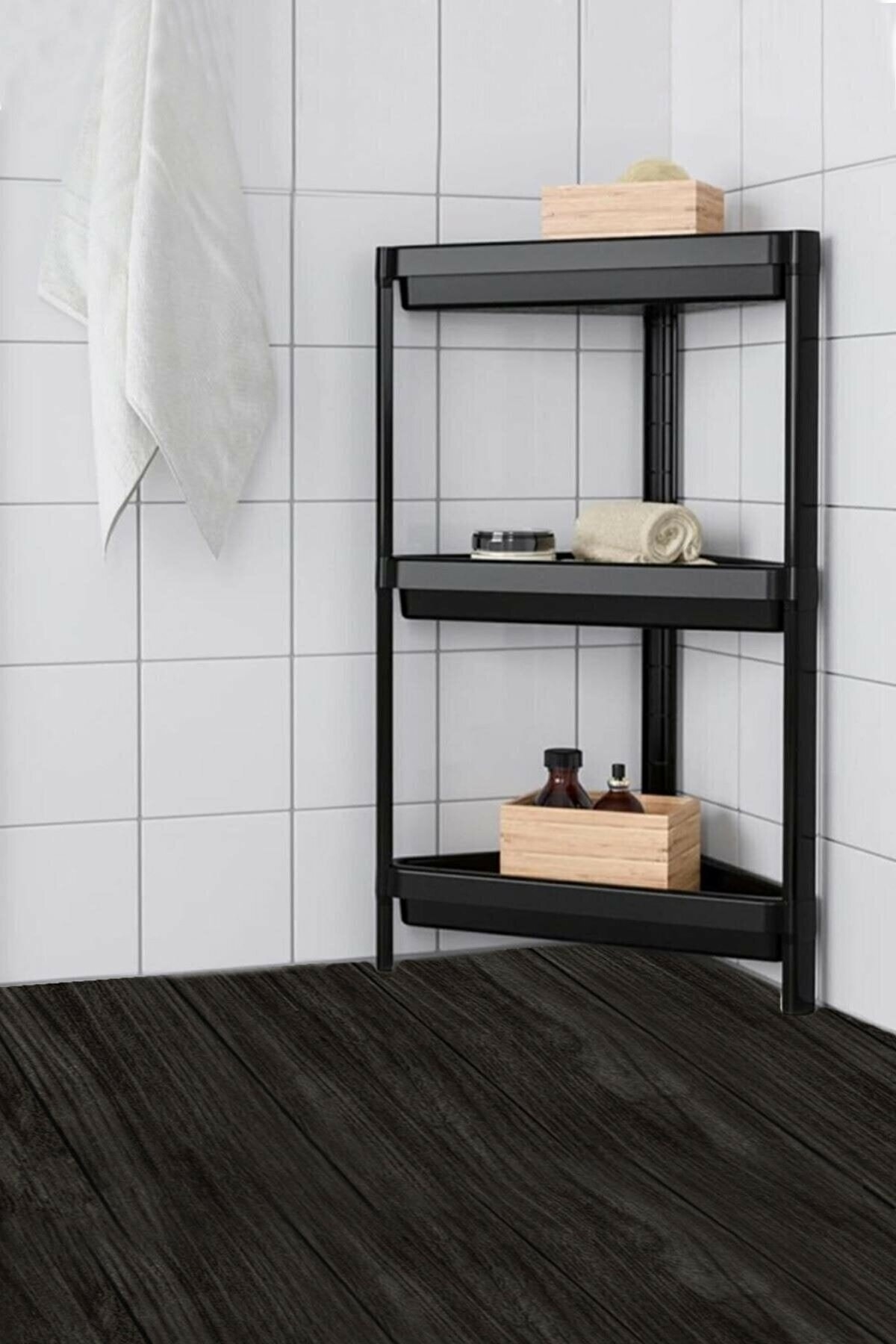 3 Katlı Köşeli Banyo Rafı Siyah